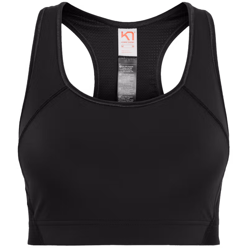 Kari Traa Trud Sports Bra in black, a medium-support bra with motion control and strategic mesh panels.