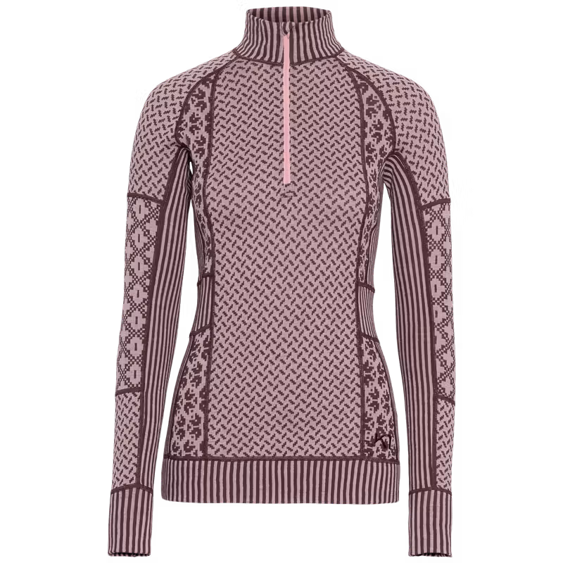 Front view of the dusty rose Kari Traa Smekker Half Zip Base Layer, crafted with ultra-soft merino wool for a luxurious feel.