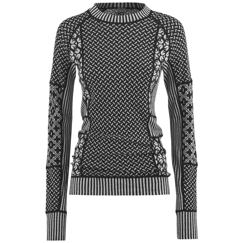 Black Kari Traa Smekker Long Sleeve baselayer with intricate grey jacquard-knit panels on the sleeves, sides, and body for a playful, flattering look.