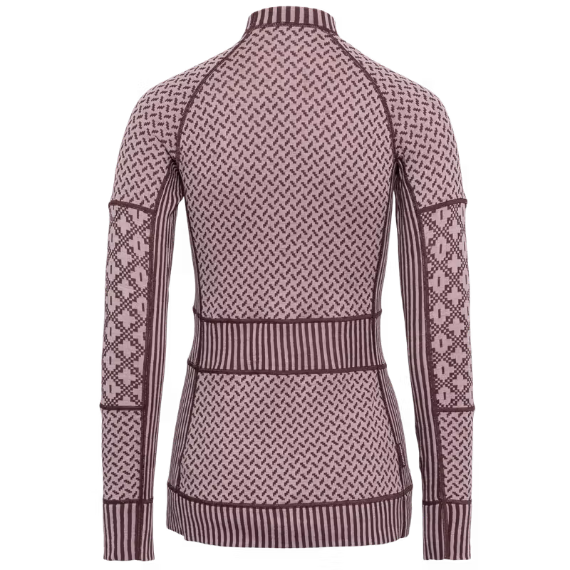 Back of the dusty rose Kari Traa Smekker Long Sleeve, highlighting the different knit patterns on the back panel, sides, and waist.