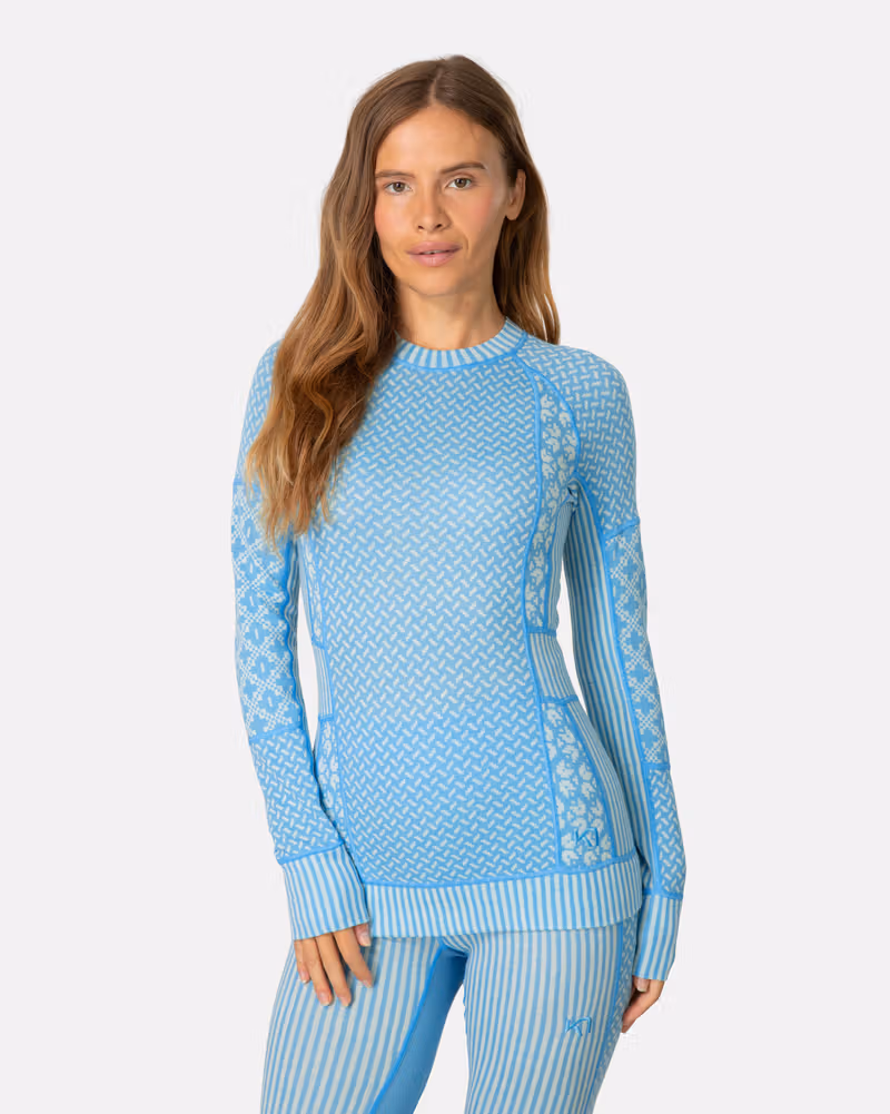 Light blue Kari Traa Smekker Long Sleeve baselayer with panels of different jacquard-knit patterns and flattering raglan sleeves.