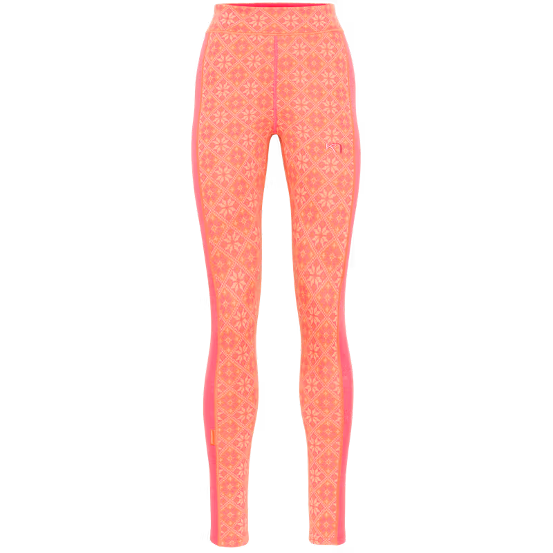 Kari Traa Rose High Waist Baselayer Pants in coral with Nordic rose pattern, front view, merino wool