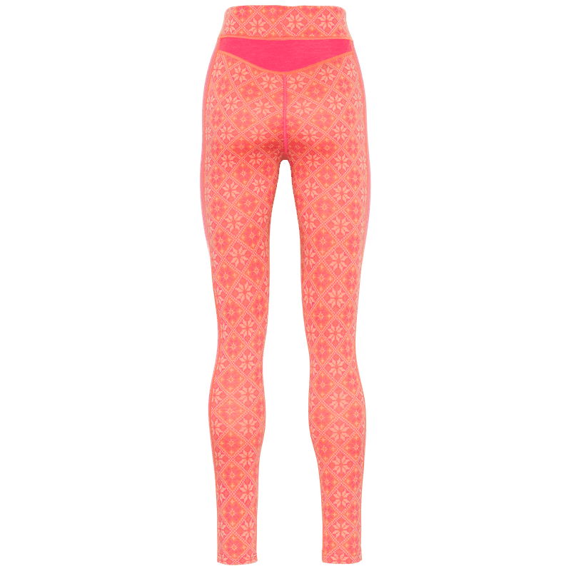 Kari Traa Rose High Waist Baselayer Pants in coral with Nordic rose pattern, back view, merino wool