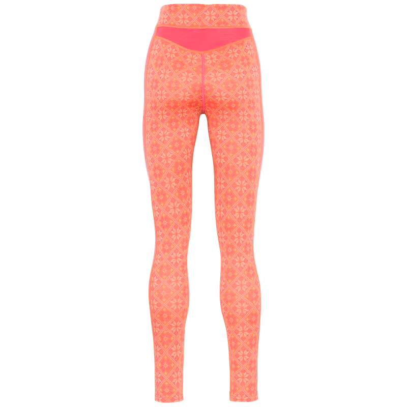 Kari Traa Rose High Waist Baselayer Pants in coral with Nordic rose pattern, back view, merino wool