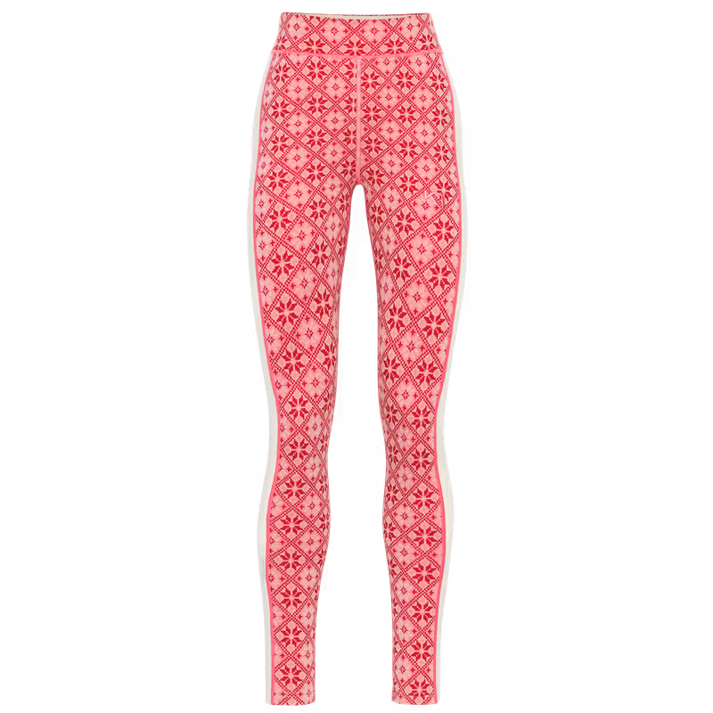 Kari Traa Rose High Waist Baselayer Pants in pink with red Nordic rose pattern, front view, merino wool
