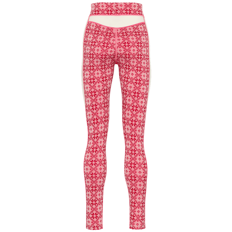Kari Traa Rose High Waist Baselayer Pants in pink with red Nordic rose pattern, back view, merino wool