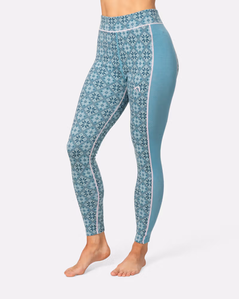 Side view of the blue lagoon Kari Traa Rose High Waist Pants, highlighting the breathable side panels and slim fit.