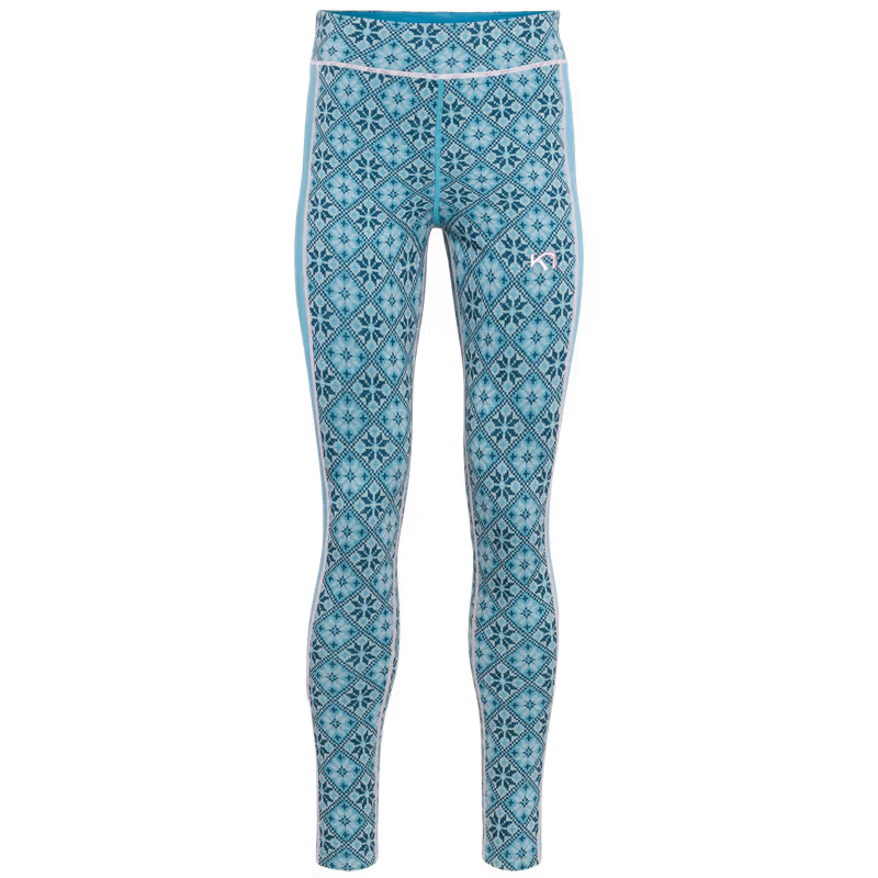 Blue lagoon Kari Traa Rose High Waist Pants, a 100% Merino wool base layer with an all-over Nordic rose pattern.