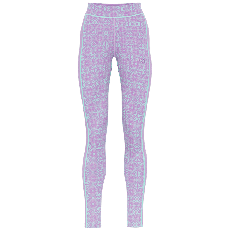 Kari Traa Rose High Waist Baselayer Pants in lavender with Nordic rose pattern, front view, merino wool