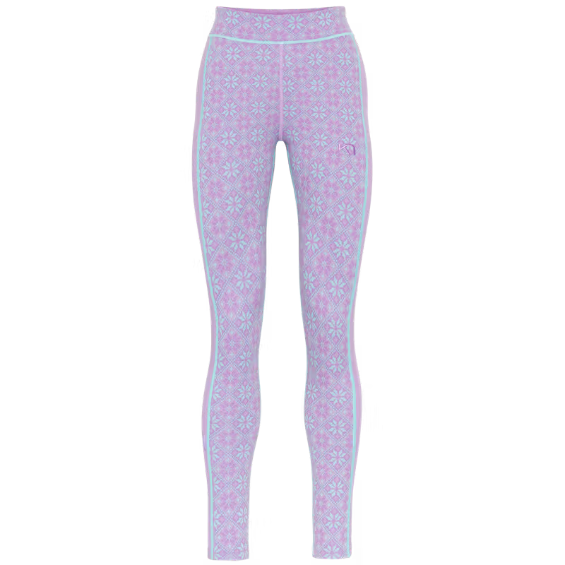 Kari Traa Rose High Waist Baselayer Pants in lavender with Nordic rose pattern, front view, merino wool