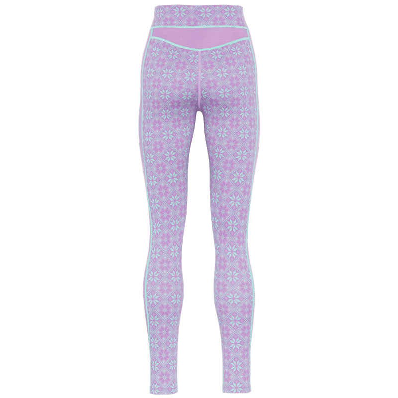 Kari Traa Rose High Waist Baselayer Pants in lavender with Nordic rose pattern, back view, merino wool