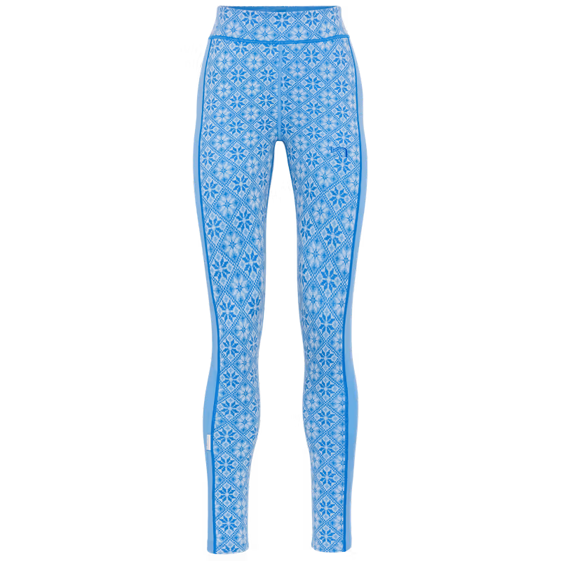 Kari Traa Rose High Waist Baselayer Pants in sky blue with Nordic rose pattern, front view, merino wool