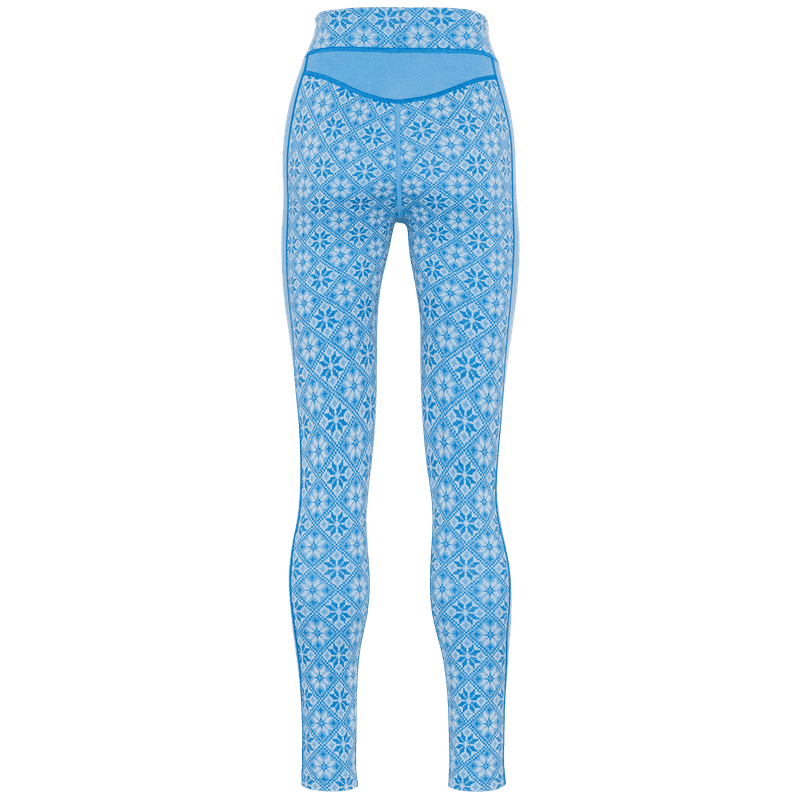 Kari Traa Rose High Waist Baselayer Pants in sky blue with Nordic rose pattern, back view, merino wool
