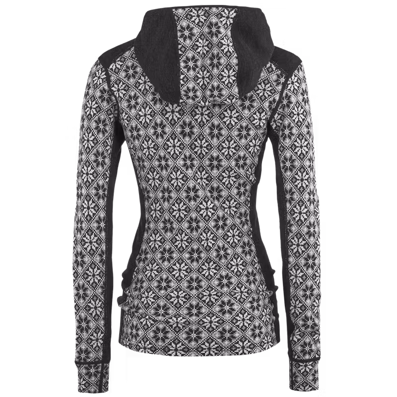 Back of the black Kari Traa Rose Base Layer Hoodie, showing the jacquard knit pattern and contrast side panels.