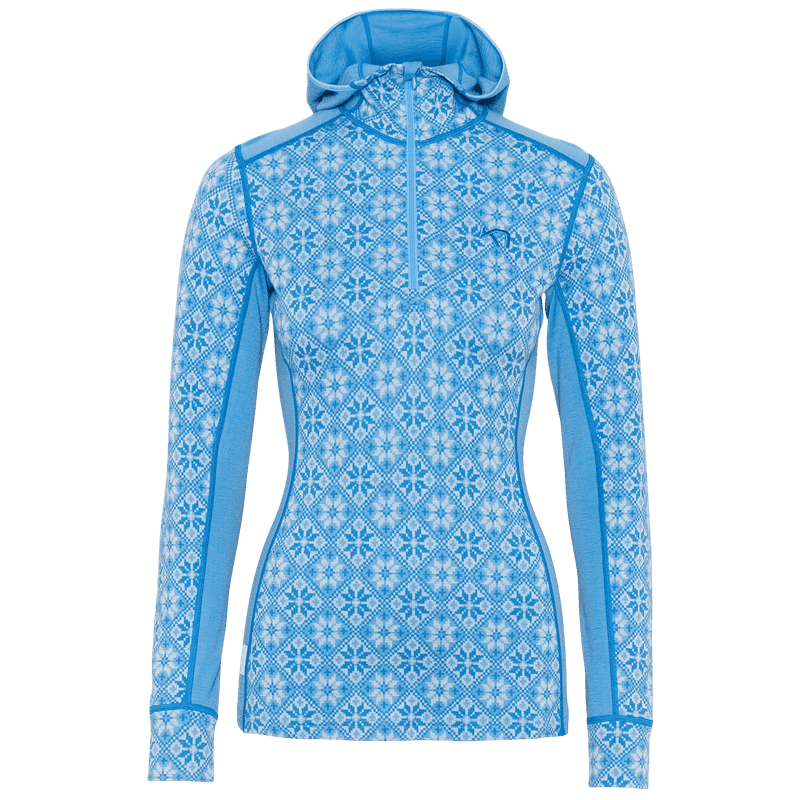 Light blue Kari Traa Rose Base Layer Hoodie with the hood up, showing the Nordic pattern and half-zip design.
