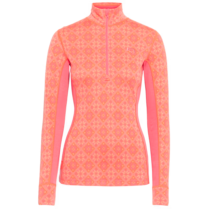 Bright pink Kari Traa Rose Half Zip Base Layer Top with a subtle pattern and zip neck for ventilation.