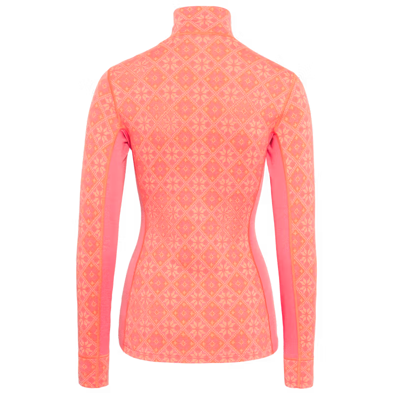 Bright pink Kari Traa Rose Half Zip Base Layer Top with a subtle pattern and zip neck for ventilation.