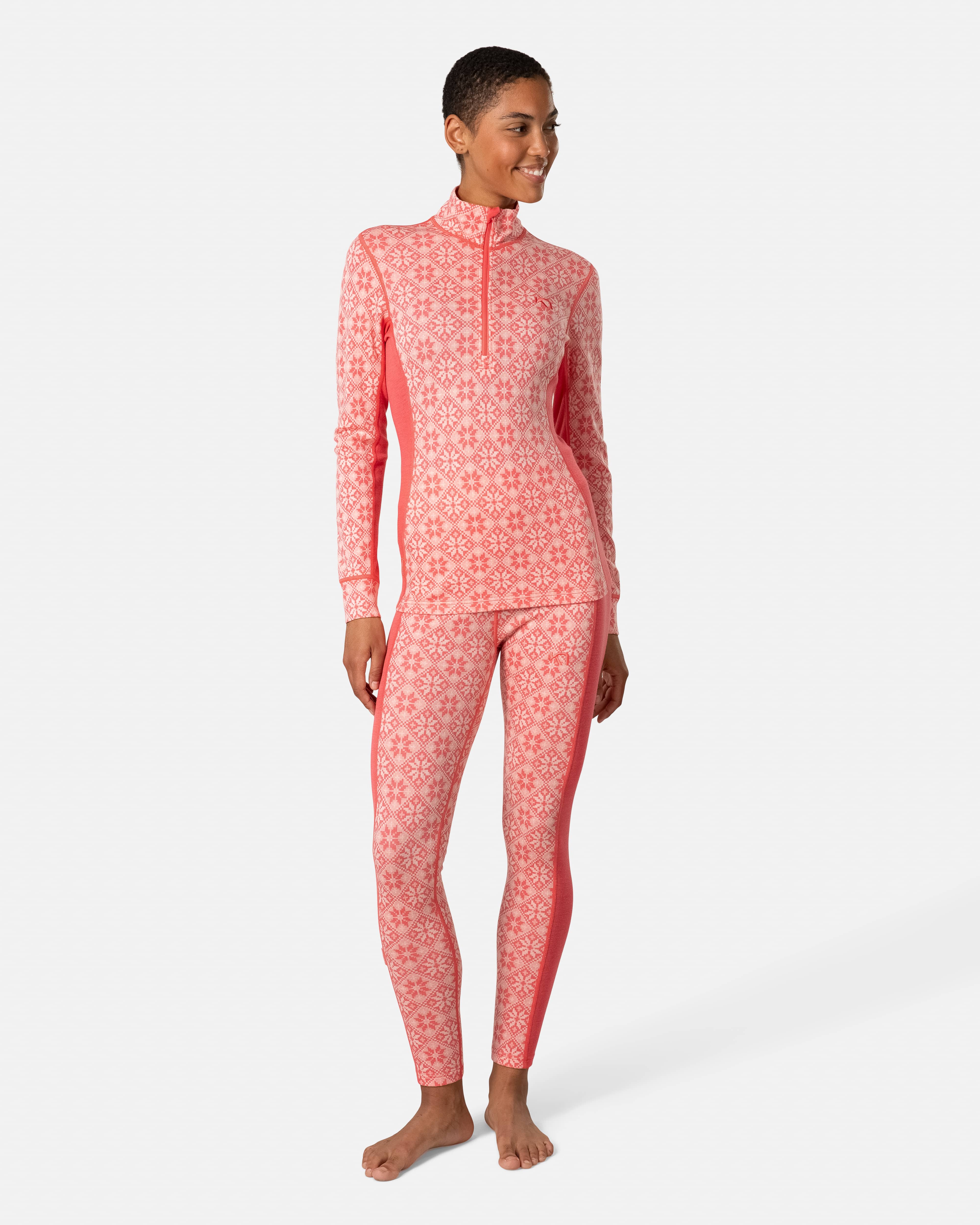 Rose Half Zip Base Layer Top - 100% Merino Wool - Candy Coral