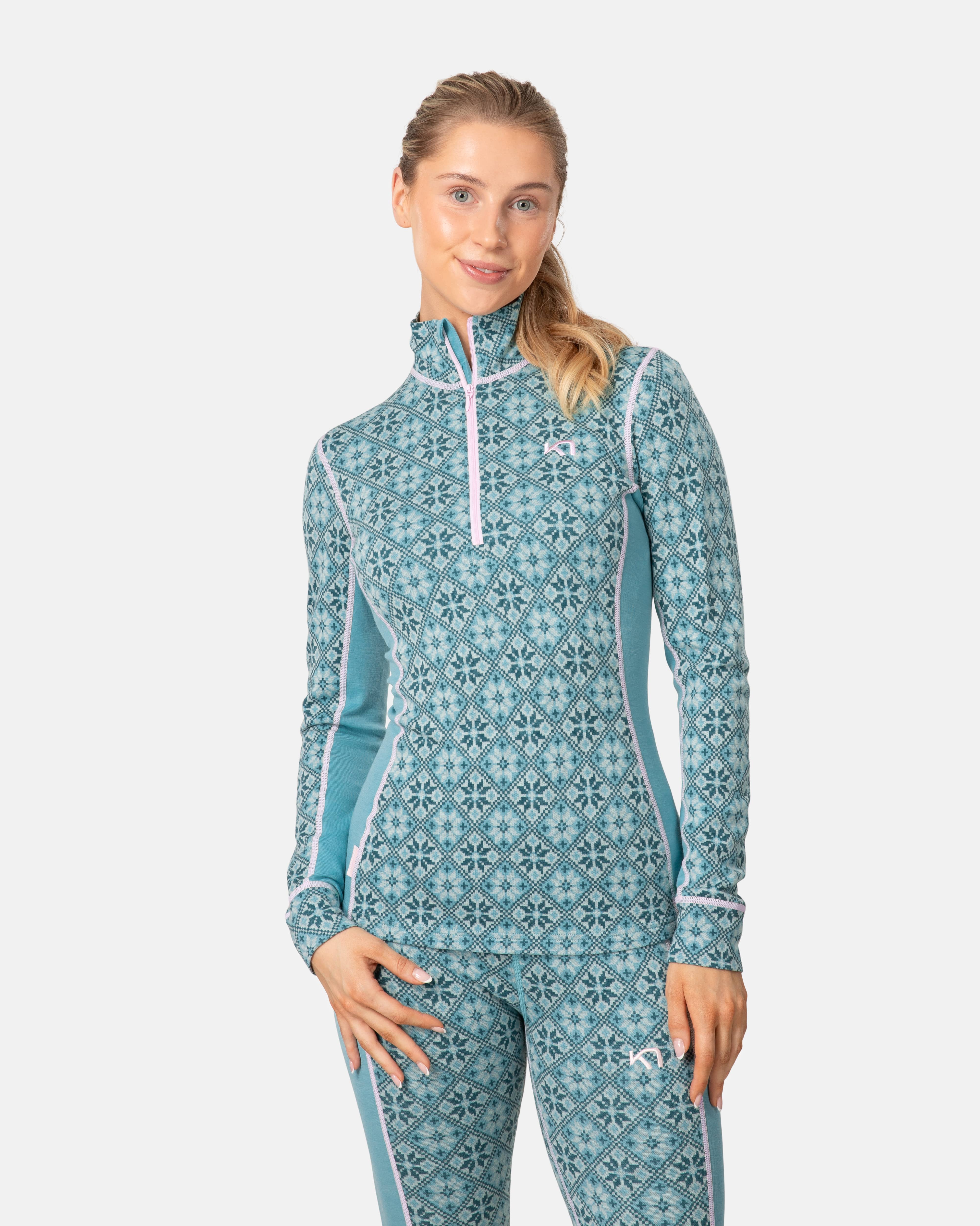 Rose Half Zip Baselayer Top - 100% Merino Wool - BLUE LAGOON