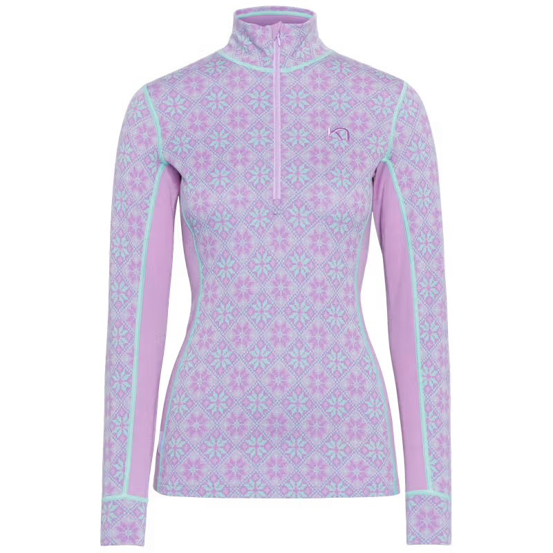 Lavender Kari Traa Rose Half Zip Base Layer Top with a geometric pattern and breathable side panels.