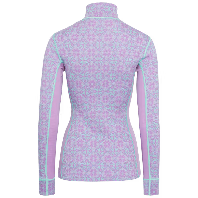 Back of the lavender Kari Traa Rose Half Zip top, highlighting the 4-way stretch and comfortable fit.
