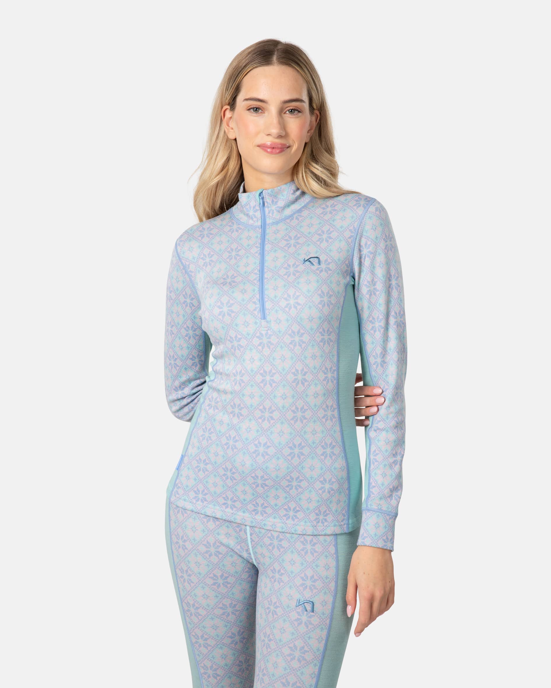 Rose Half Zip Base Layer Top - 100% Merino Wool - Bright Turquoise