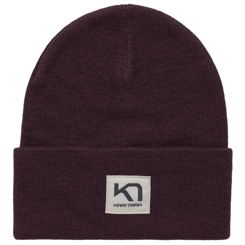 Deep plum Kari Traa Røthe Beanie in a casual rib knit with a double-layer design, fold-up hem, and logo patch.