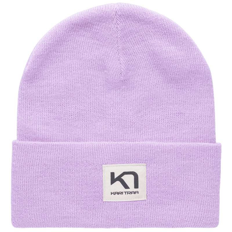 Lavender Kari Traa Røthe Beanie in a casual rib knit, perfect for hikes, camping, or cool summer evenings.
