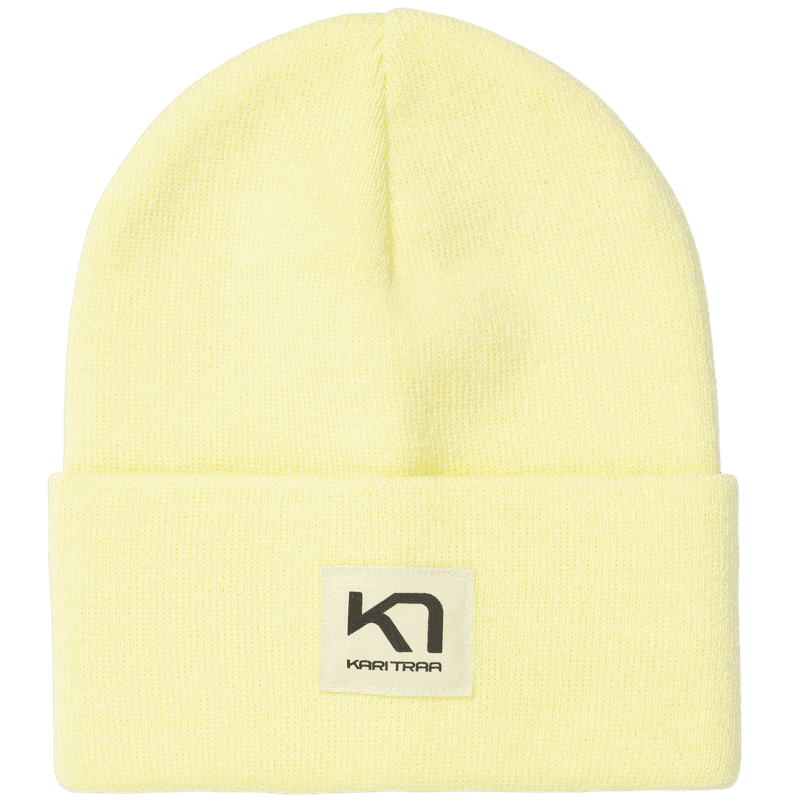 Kari Traa Røthe Beanie in light yellow, a rib-knit winter hat with a classic fold-up hem and a woven logo patch.