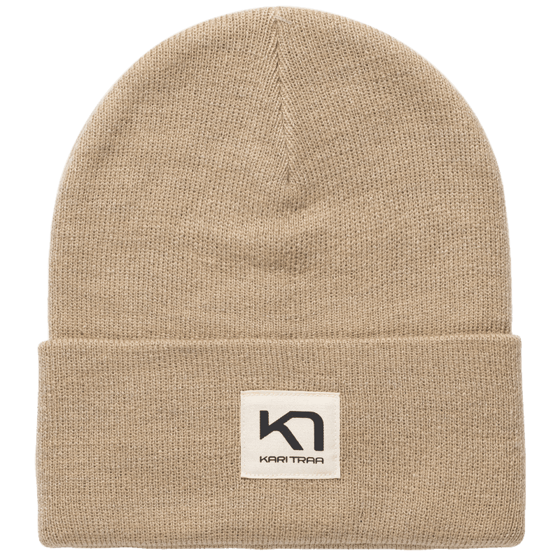 Beige Kari Traa Røthe Beanie in a casual rib knit with a double-layer design, fold-up hem, and logo patch.