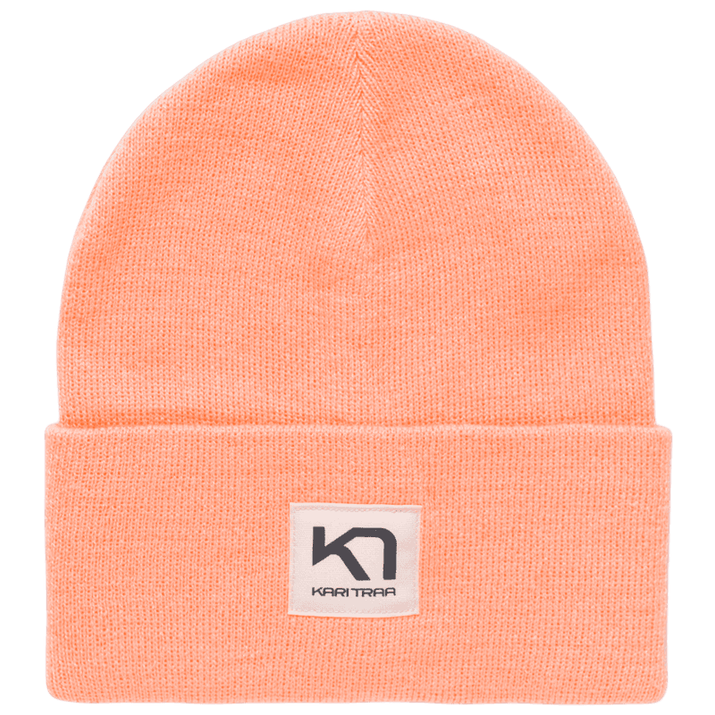 Bright pink Kari Traa Røthe Beanie, a double-layer winter cap with a fold-up hem and classic logo patch for urban style.