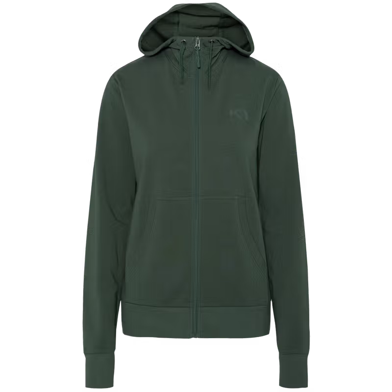 Kari Traa Kari Hoodie in dark green, a full-zip sweatshirt with a high collar, drawstring hood, and printed chest logo.