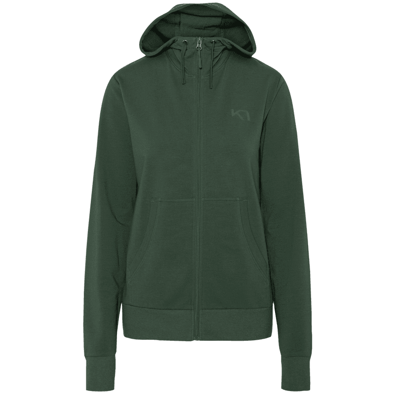Kari Traa Kari Hoodie in dark green, a full-zip sweatshirt with a high collar, drawstring hood, and printed chest logo.