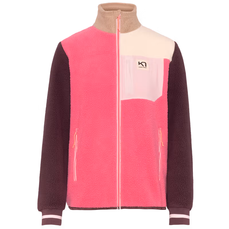 Pink Kari Traa Røthe Midlayer with maroon sleeves, a high collar, and a secure chest pocket for stashing essentials.