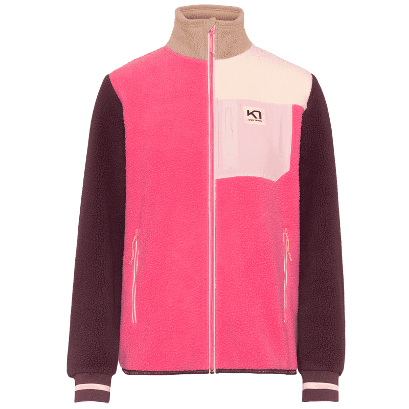 Pink Kari Traa Røthe Midlayer with maroon sleeves, a high collar, and a secure chest pocket for stashing essentials.