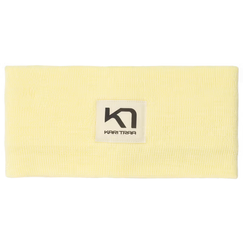 Kari Traa Røthe Headband in light yellow, a double-layer rib-knit winter headband with a woven logo patch.