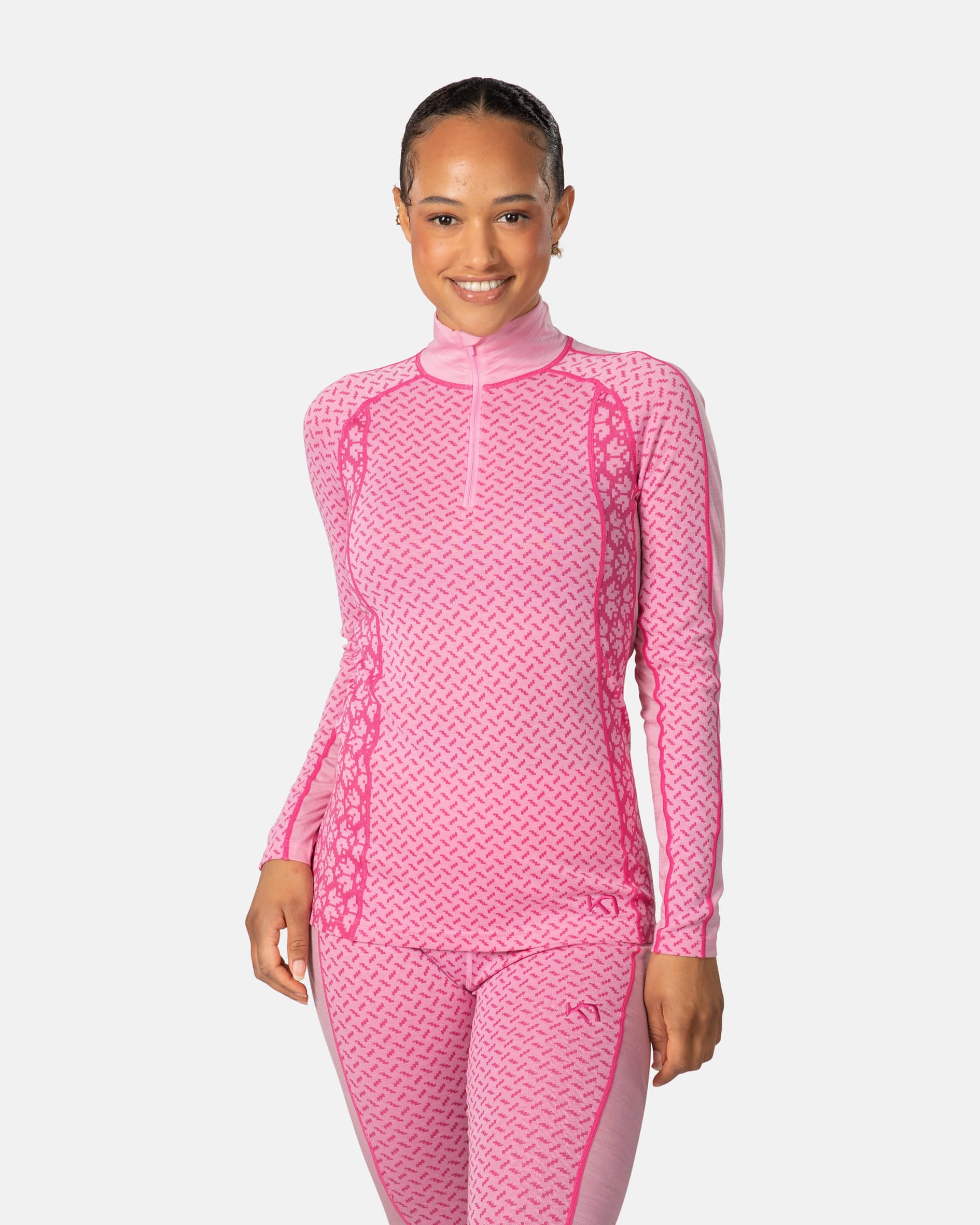 Rose Half Zip Baselayer Top - 100% Merino Wool - Bright Pink