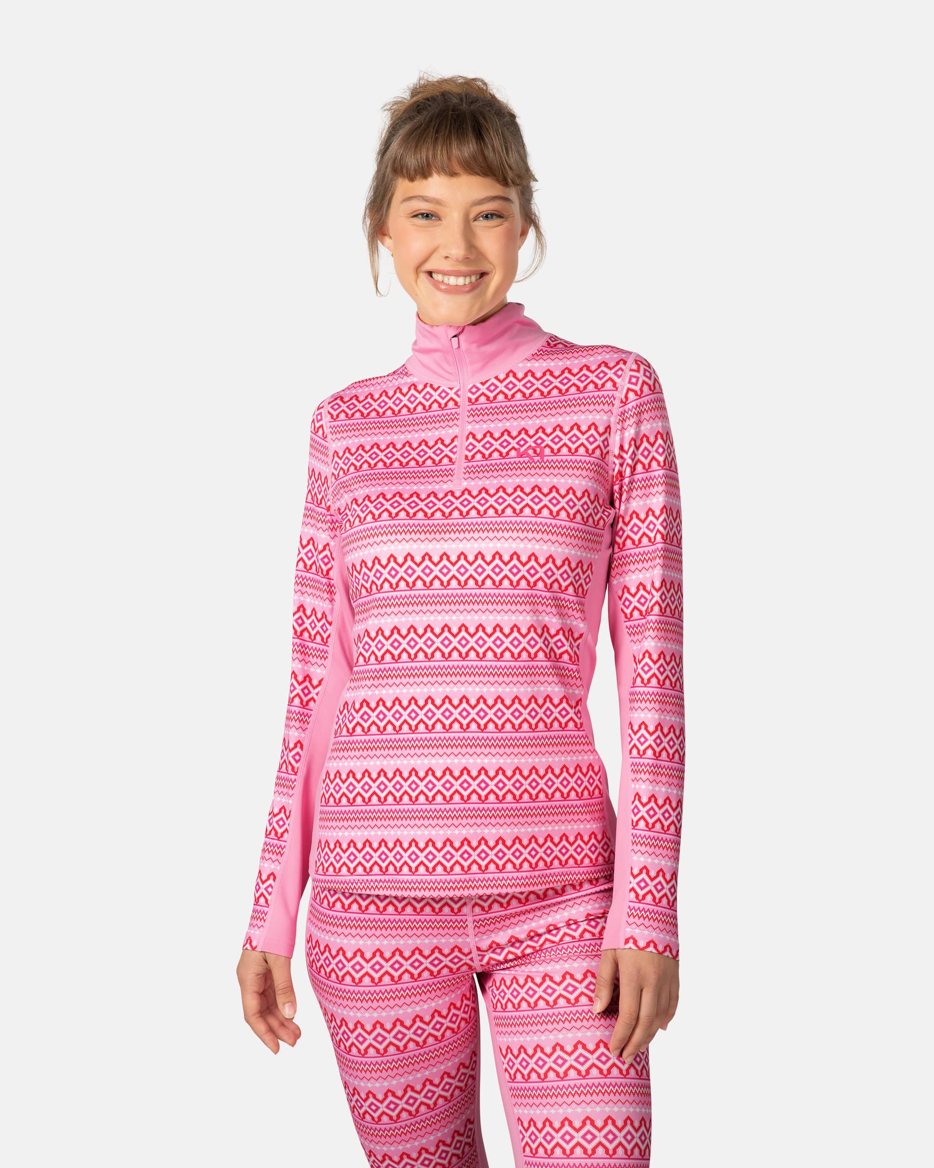 Rose Half Zip Base Layer Top - 100% Merino Wool - Bright Pink