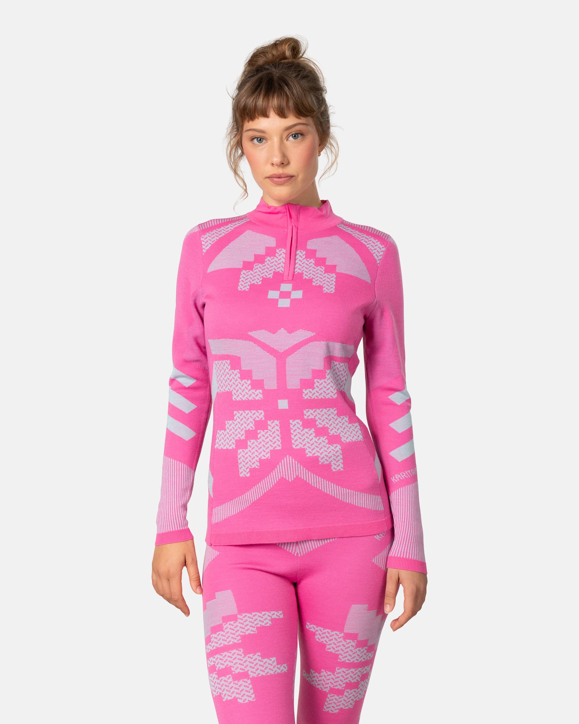 Rose Half Zip Base Layer Top - 100% Merino Wool - Bright Pink