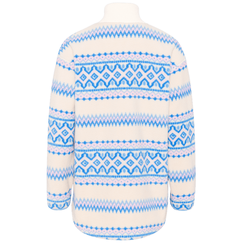 Back of the blue striped Kari Traa Ruthie Midlayer, made with recycled materials for sustainable style.