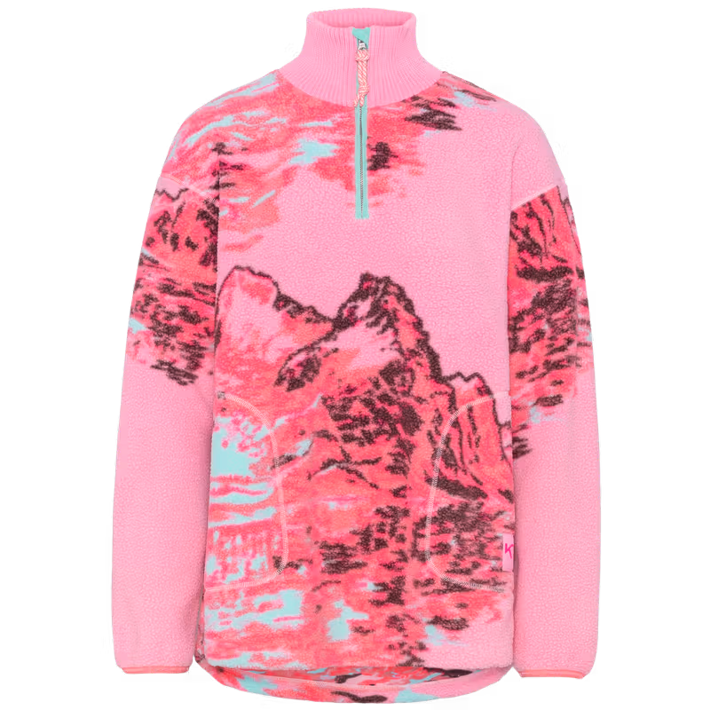 Pink Kari Traa Ruthie Midlayer Half Zip with a mountain graphic, a cozy pile-fleece made from recycled polyester.