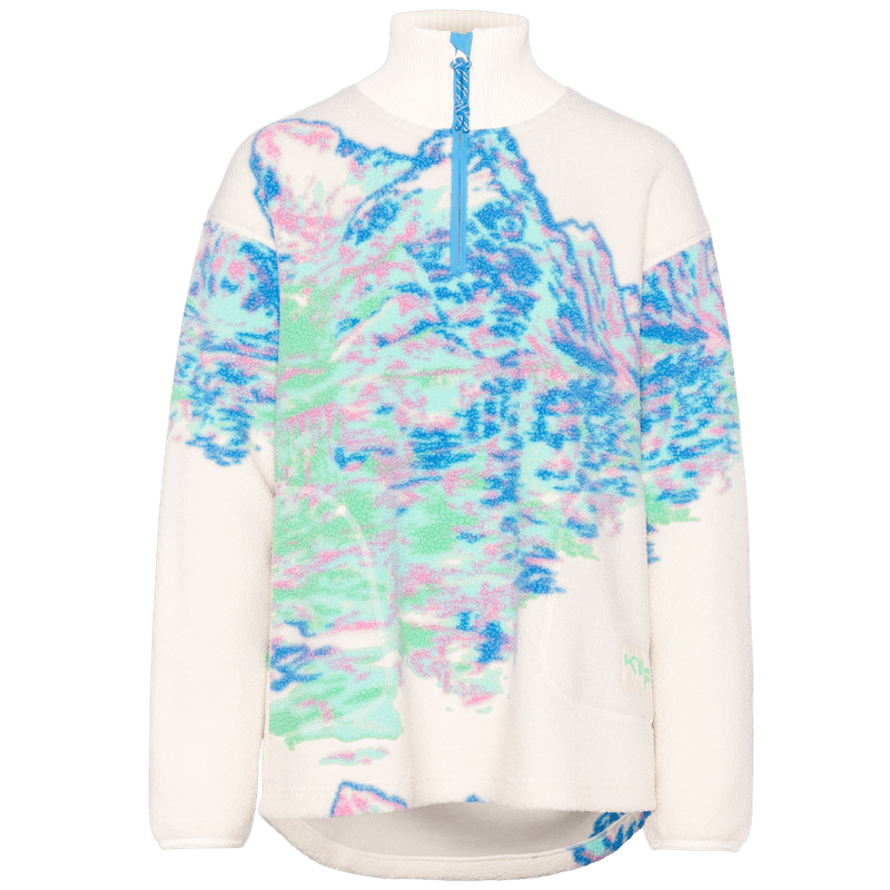 Kari Traa Ruthie Midlayer Half Zip with a blue wave graphic, a soft pullover fleece with a high collar and hand pockets.