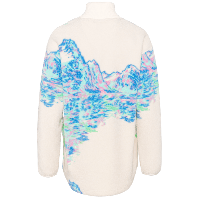 Back of the Kari Traa Ruthie Midlayer with a blue wave graphic, highlighting the dropped back hem detail.
