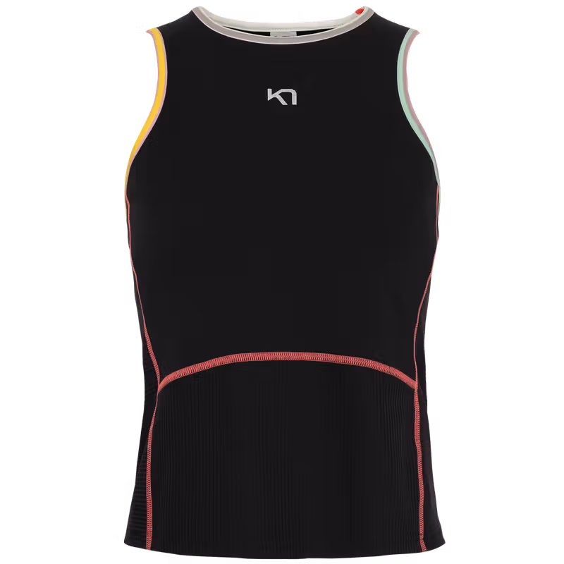Kari Traa Linnea Top in black, a performance tank featuring ribbed side panels for a flattering, flexible fit.
