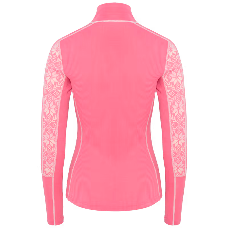 Back view of Kari Traa Anna Half Zip in pink with Nordic print sleeves, merino wool half-zip base layer