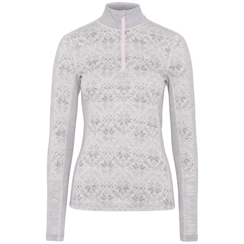 Front view of Kari Traa Anna Half Zip in grey melange with Nordic pattern, merino wool half-zip base layer