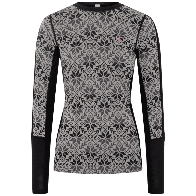 Black Kari Traa Anna Long Sleeve base layer with a grey Nordic print, made from premium merino wool.