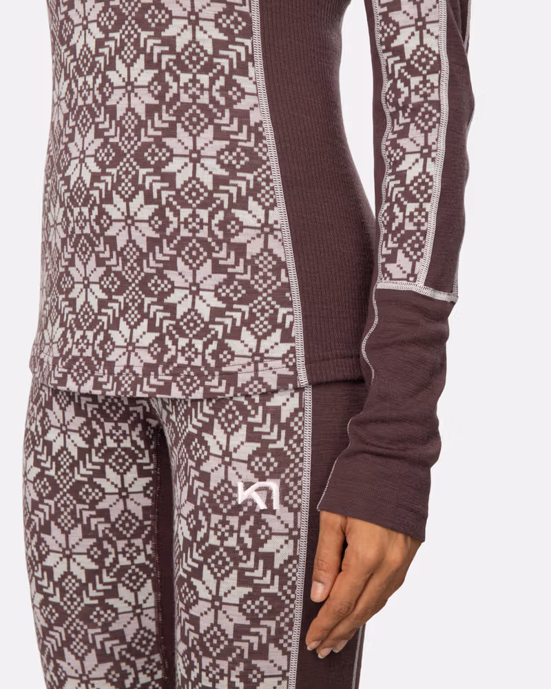 Side view of a woman wearing the dusty rose Kari Traa Anna Long Sleeve, highlighting the flattering silhouette.
