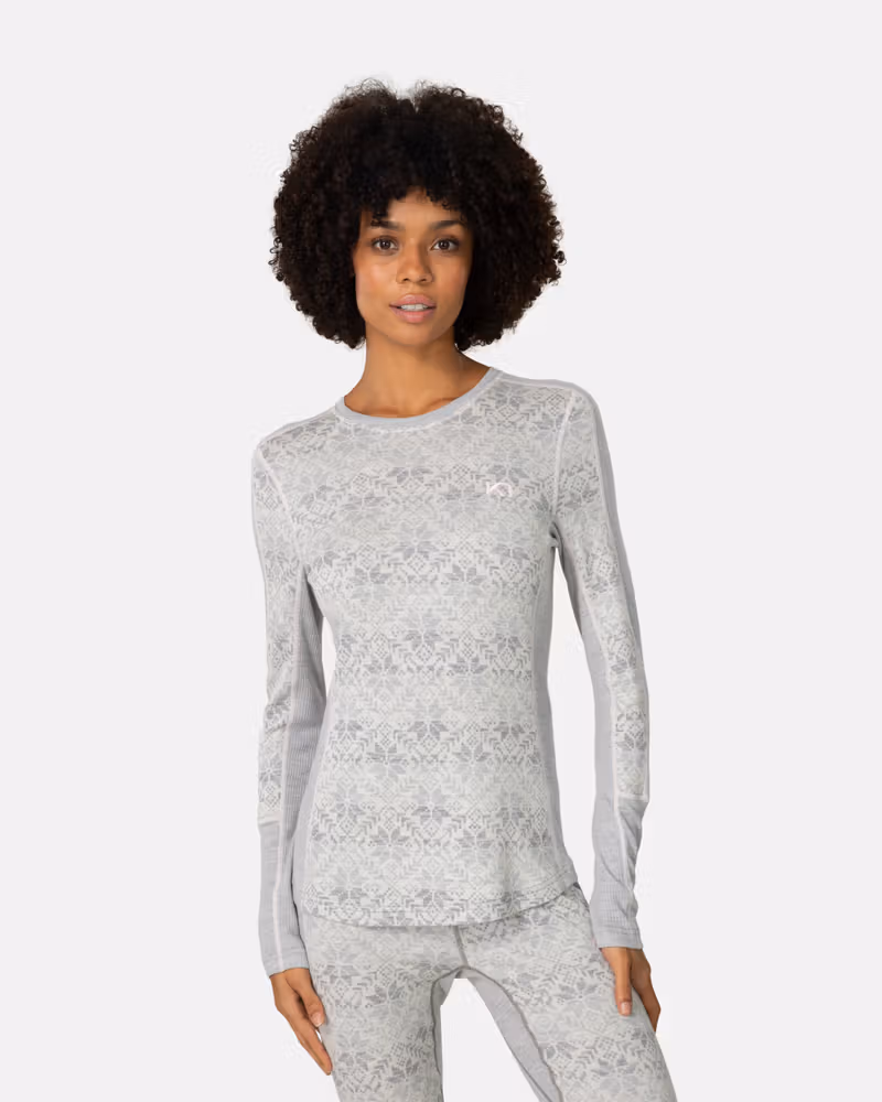 Woman wearing the grey Kari Traa Anna Long Sleeve with a white Nordic print, perfect for layering.