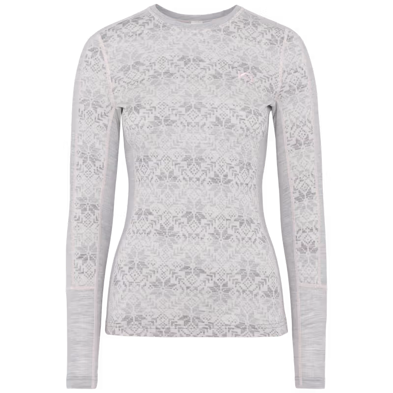Grey Kari Traa Anna Long Sleeve base layer with a white Nordic print and flatlock seams for comfort.